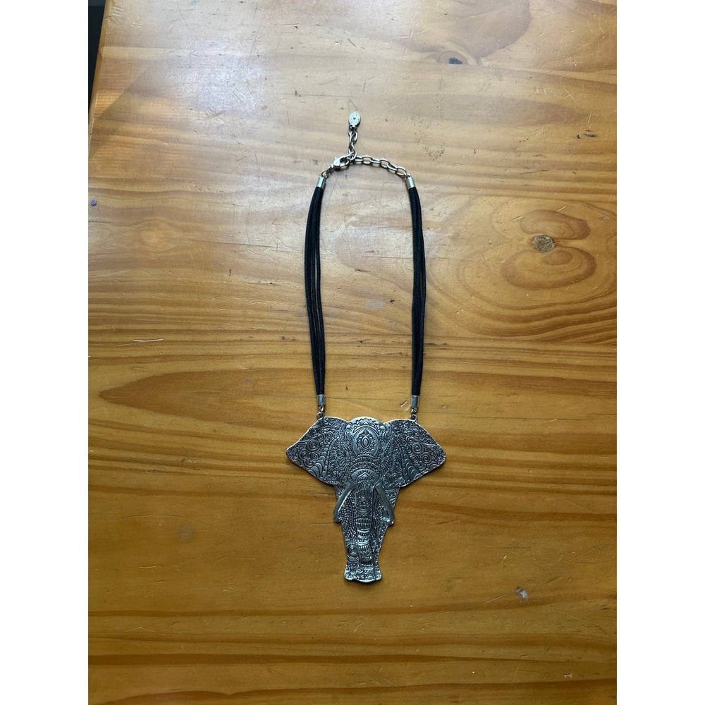 Boho Elephant Statement Necklace Black Cord Silver Tone